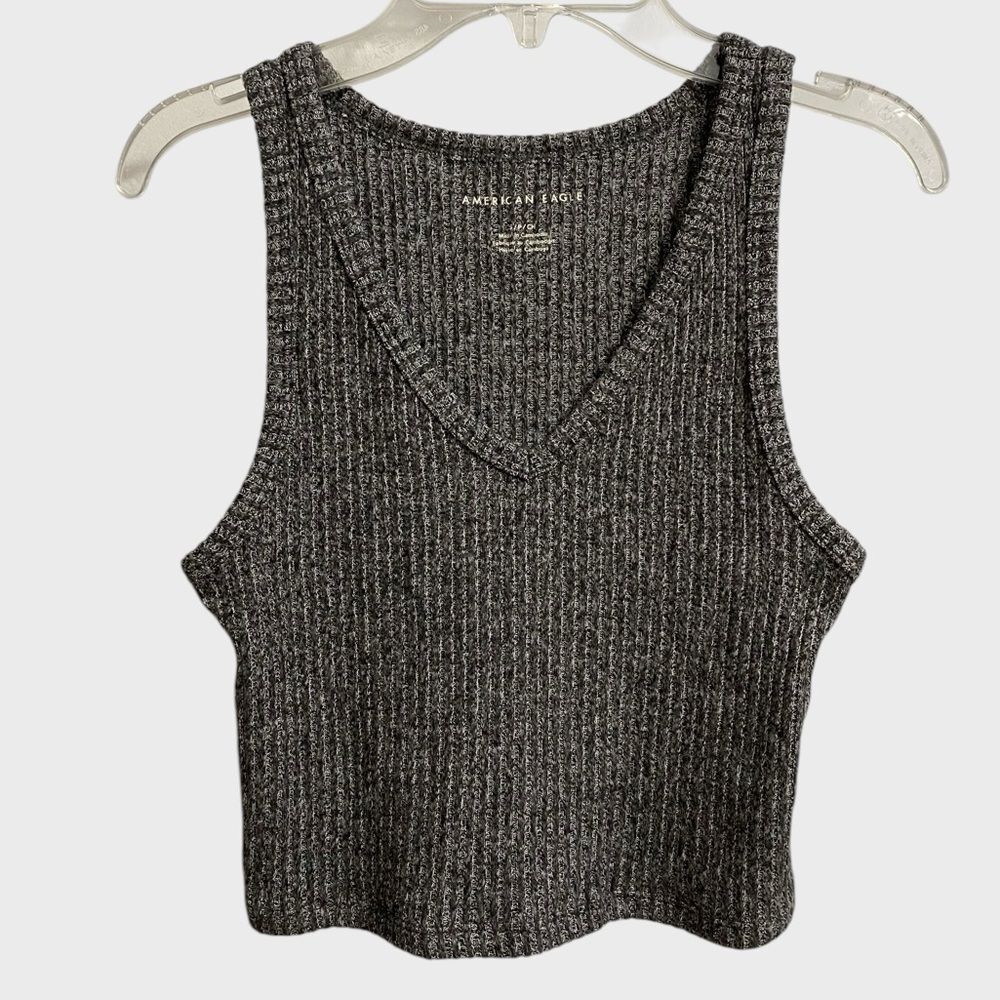 American Eagle Women's Cropped V-Neck Tank Top Size S Grey Soft Ribbed Feminine